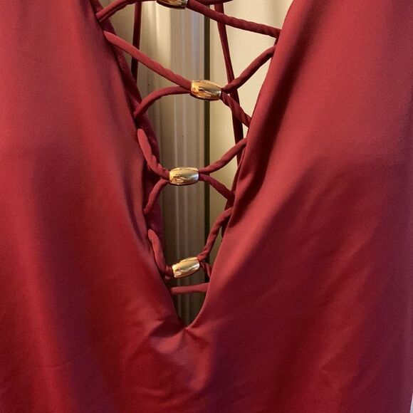 Burgundy Size M-L one piece swimsuit with shoe lace detail and gold bling - Picture 10 of 10